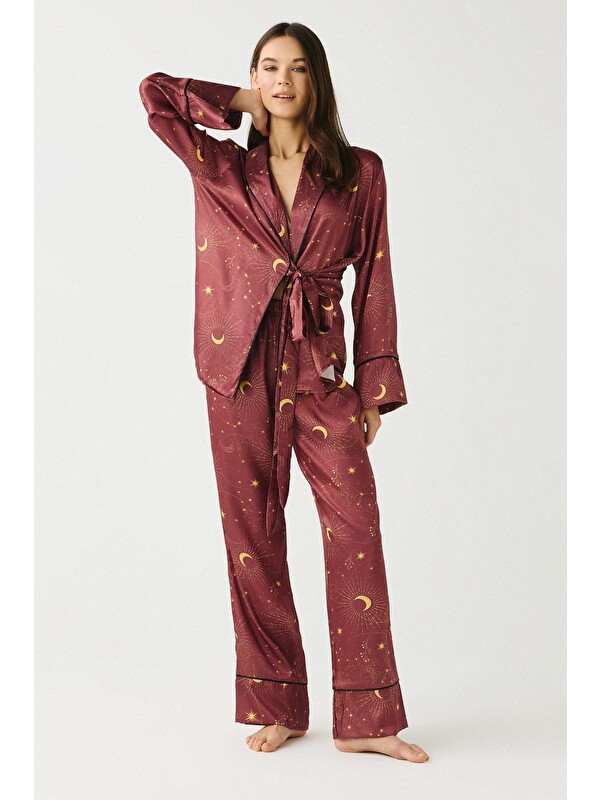 C&City Luna Touch Kimono Pantolon 2'Li Saten Takım Kiremit