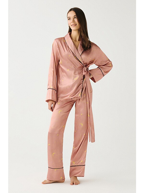 C&City Luna Touch Kimono Pantolon 2'Li Saten Takım Vizon