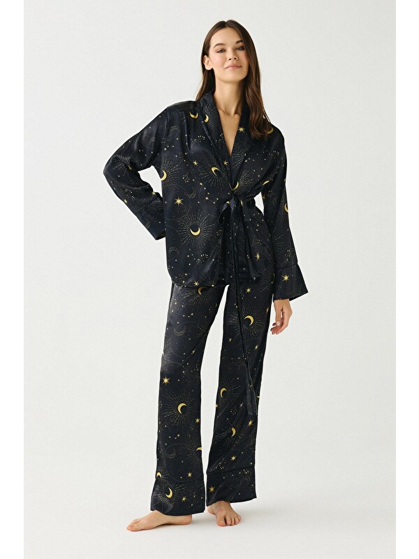 C&City Luna Touch Kimono Pantolon 2'Li Saten Takım Lacivert
