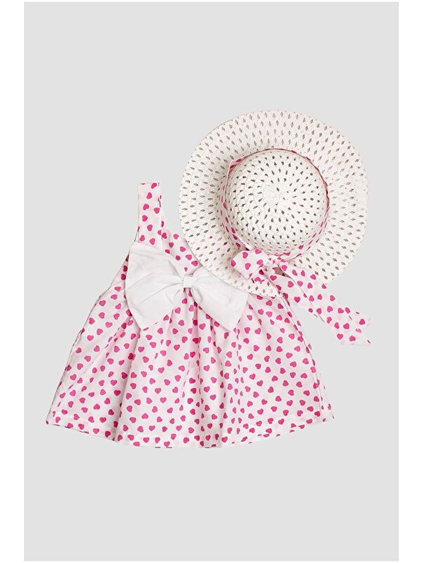 Chicsy Baby Kalp Desenli Askılı Elbise ve Şapka Takımı Yazlık Pamuklu Bebek Elbisesi