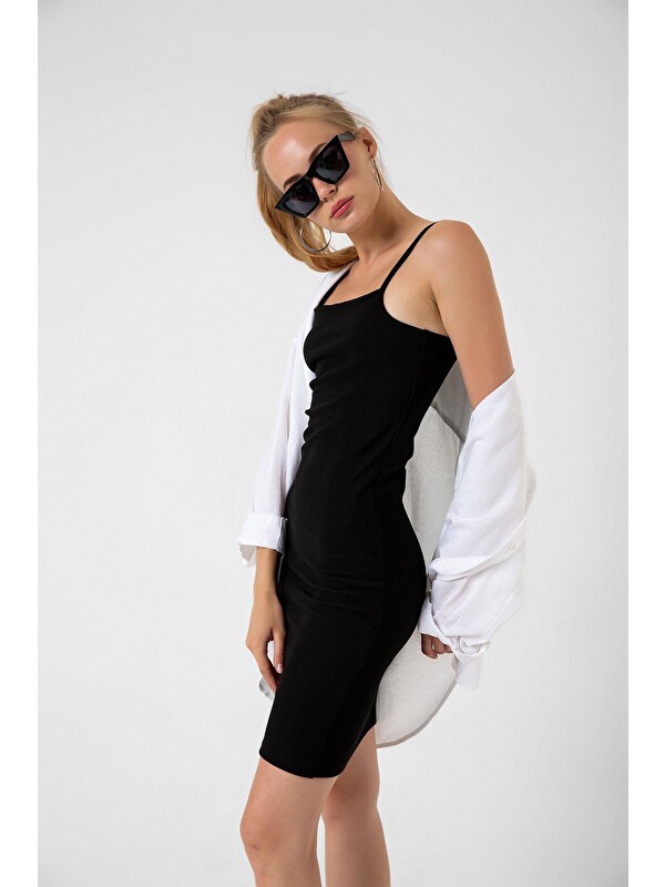 Domoda Ayarlanabilir ince askılı bodycon fitilli mini kadın elbise