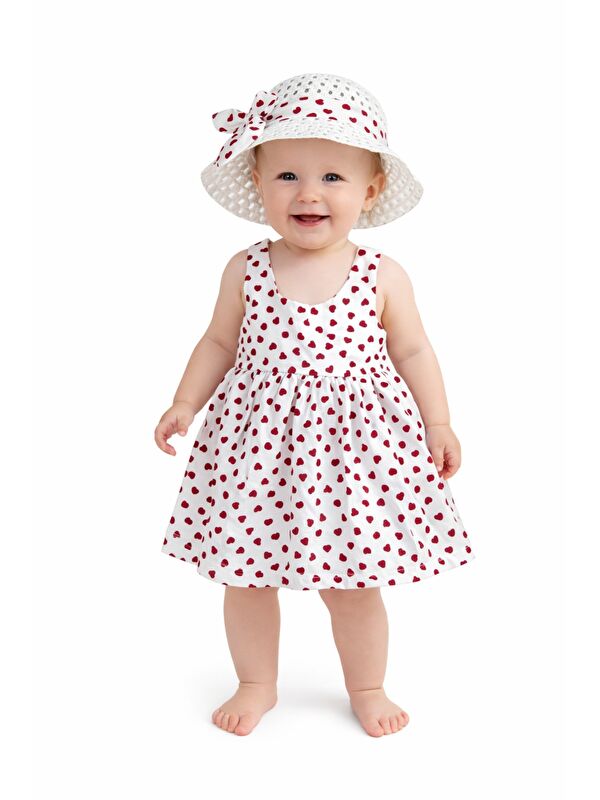 Chicsy Baby Kalp Desenli Askılı Elbise ve Şapka Takımı Yazlık Pamuklu Bebek Elbisesi