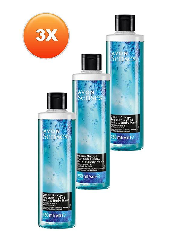 AVON Senses Ocean Surge Nane ve Deniz Kokulu Saç ve Vücut için Erkek Duş Jeli 250 Ml. Üçlü Set