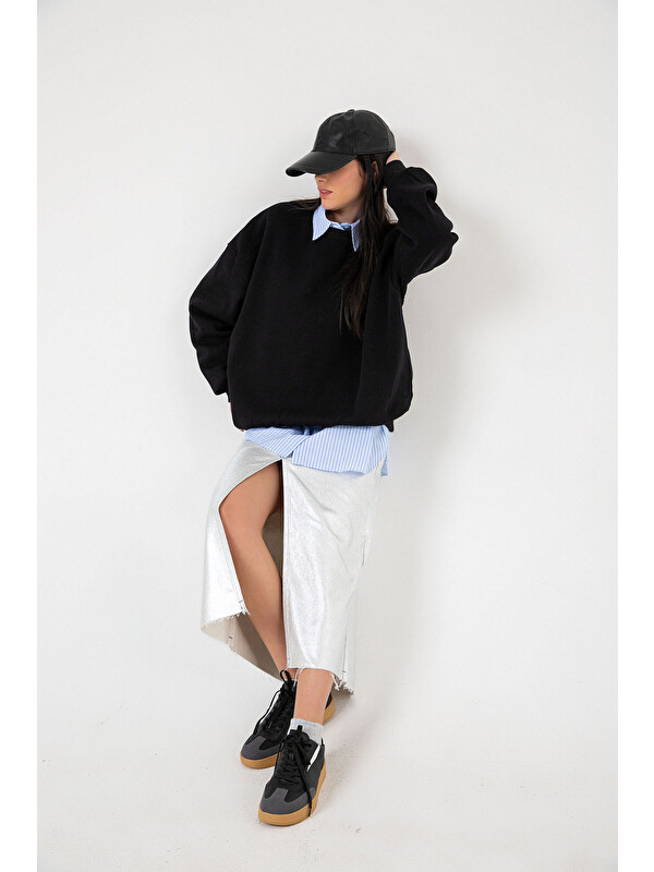 Domoda 3 iplik şardonlu oversize düşük omuz pamuklu kadın sweatshirt