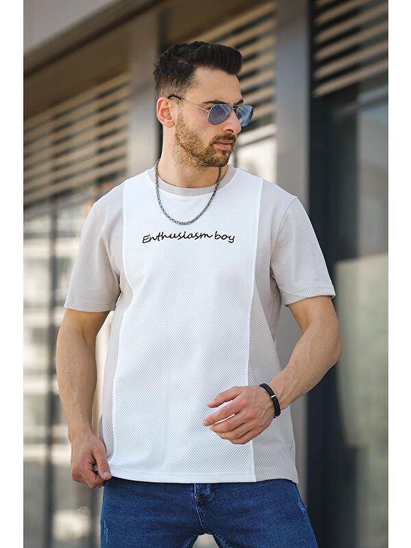 Oksit Scarp Nakışlı Parçalı Waffle Desen Slim Fit Likralı Erkek Tişört
