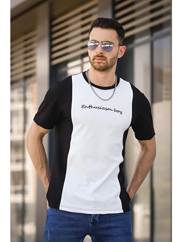 Oksit Scarp Nakışlı Parçalı Waffle Desen Slim Fit Likralı Erkek Tişört
