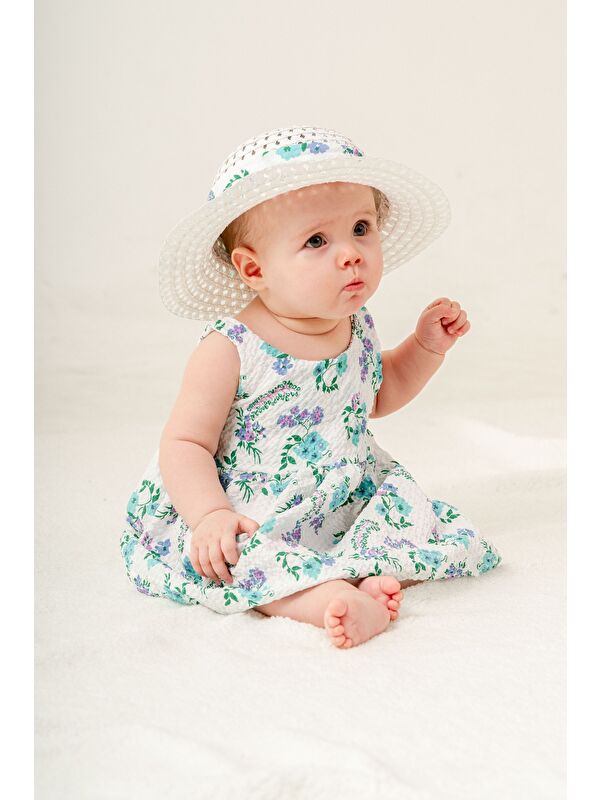 Chicsy Baby Çiçek Desenli Şapkalı Fiyonklu Kız Bebek Elbisesi