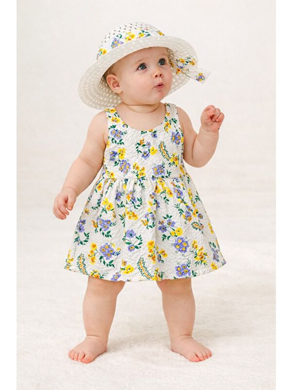 Chicsy Baby Çiçek Desenli Şapkalı Fiyonklu Kız Bebek Elbisesi