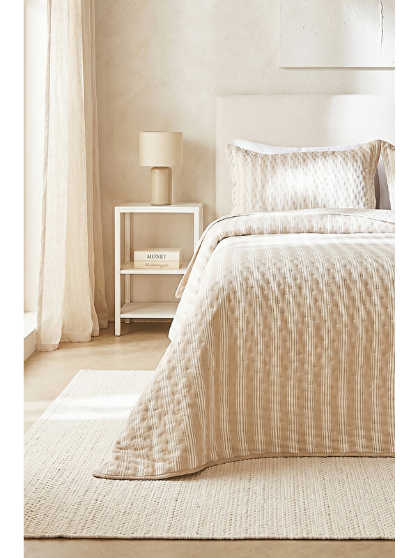 Ocean Home Textile Pamuklu Kaapitoneli Bej Renk Çizgi Desen Tek Kişilik Yatak Örtüsü Seti 1 Adet 160 x 230 / 1 Adet 50