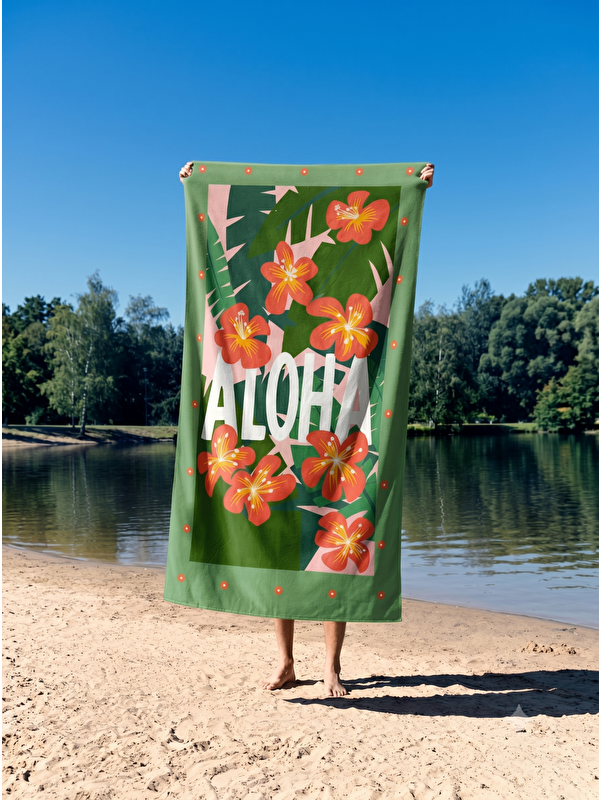 Asdiva Yeşil Tropikal Yaprak Desenli Aloha Yazılı Plaj Havlusu 75x150