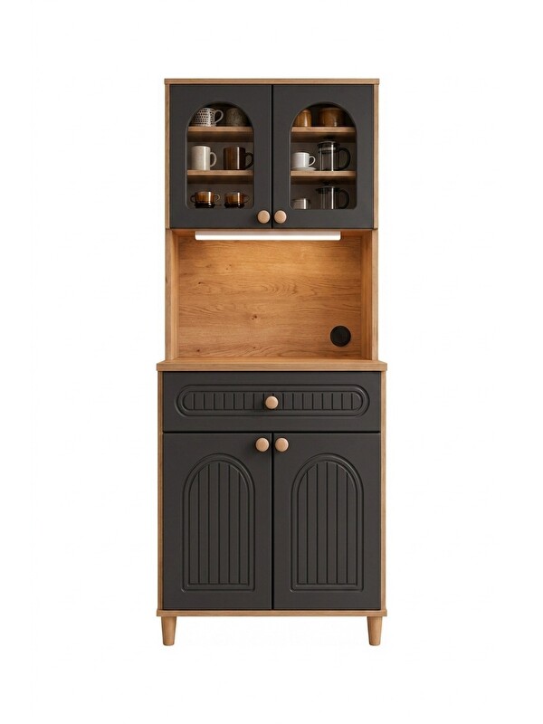 UPSTYLE Barista LED Aydınlatmalı Kahve Köşesi Dolabı Retro Büfe 195cm MDF Antrasit