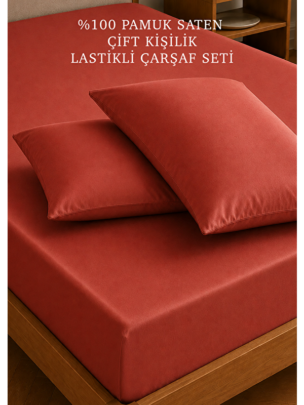 Bella Maison %100 Pamuk Saten Çift Kişilik Lastikli Çarşaf Seti Kiremit (160x200x35 cm)