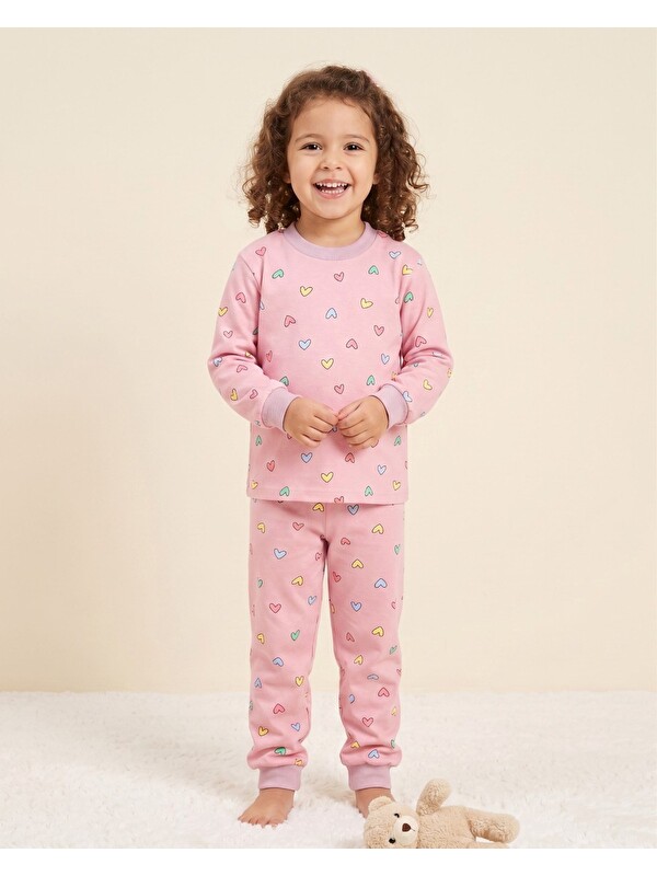 Ege Bebek Kız Çocuk Kalp Baskılı Bisiklet Yakalı %100 Pamuklu Alt Üst Pijama Takımı