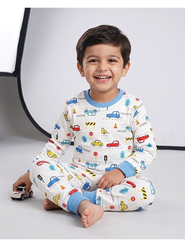 Ege Bebek Erkek Çocuk Araba Baskılı Bisiklet Yakalı %100 Pamuklu 6-7-8-9 Yaş Alt Üst Pijama Takımı