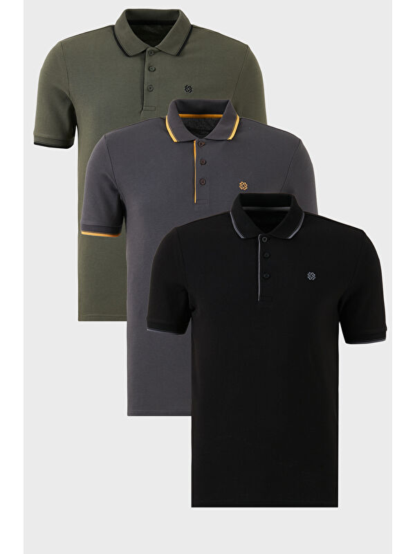 Buratti Pamuklu Slim Fit Şerit Detaylı Düğmeli Polo Yaka 3'lü Paket %100 Pamuk Tişört 5902118S3