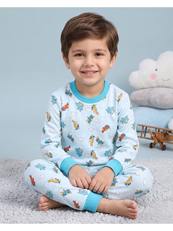 Ege Bebek Erkek Çocuk Uçak Baskılı %100 Pamuk Bisiklet Yakalı Pijama Takımı