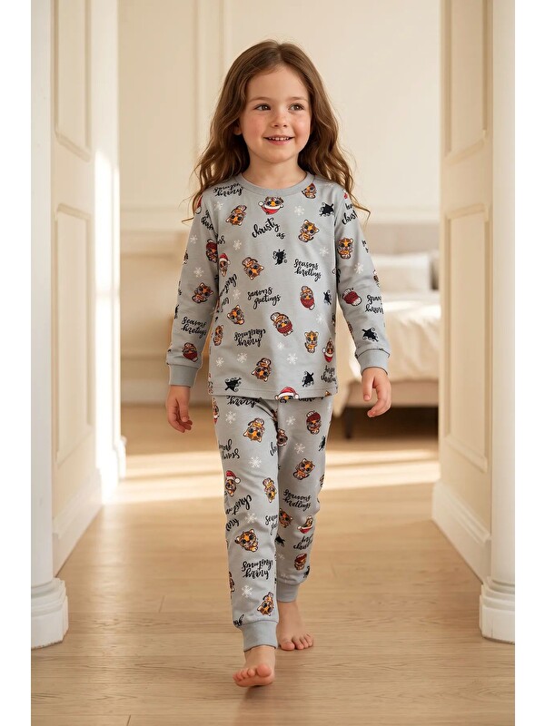 ZUZUNGA Kız Çocuk Yılbaşı Temalı Tiger Desenli Uzun Kollu Pijama Takımı