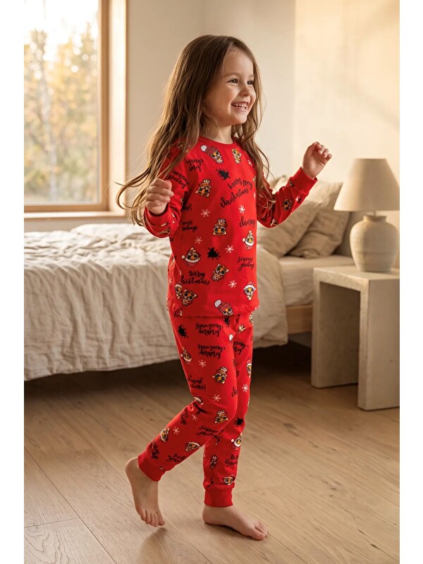 ZUZUNGA Kız Çocuk Yılbaşı Temalı Tiger Desenli Uzun Kollu Pijama Takımı