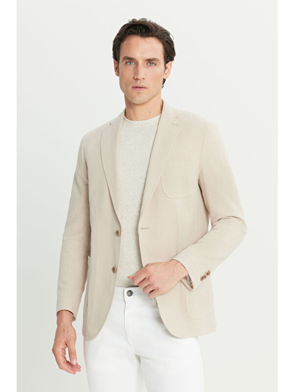 AC&Co / Altınyıldız Classics Erkek Bej %100 Pamuk Slim Fit Dar Kesim Mono Yaka Torba Cepli Blazer Ceket