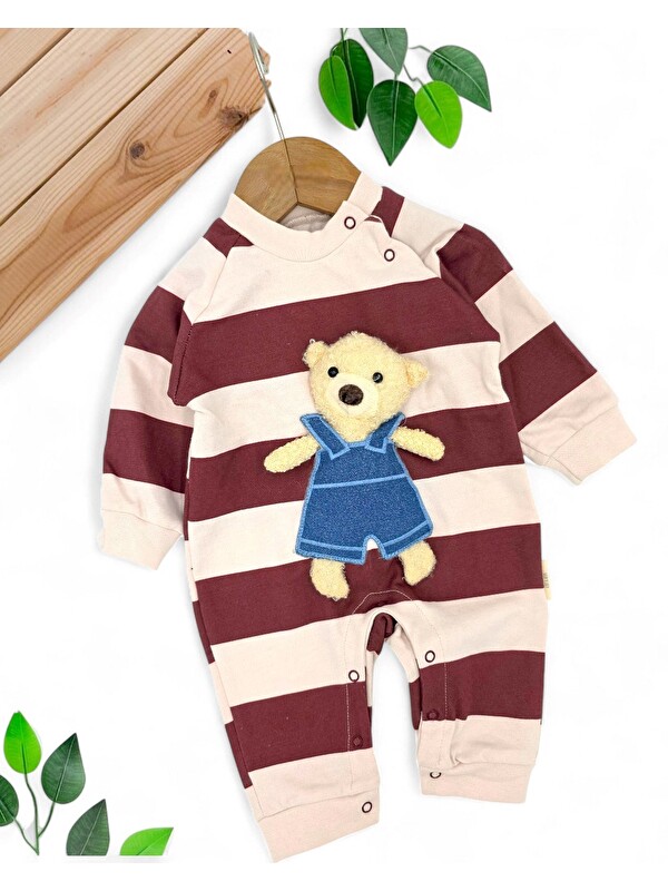 Ege Bebek Erkek Bebek Ayıcık Aksesuarlı Çizgili Alttan Çıtçıtlı Tulum