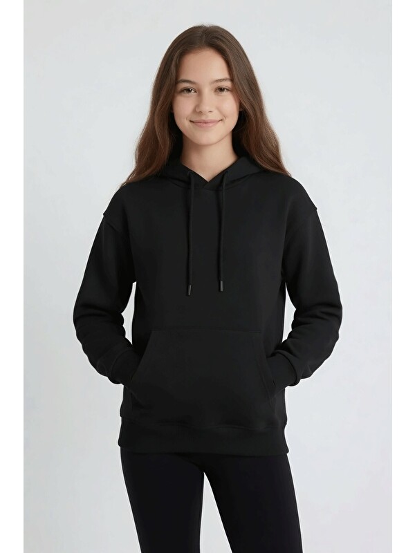 Cansın Mini Siyah Kız Çocuk Kanguru Cepli Şardonlu Kapüşonlu Sweatshirt 24687