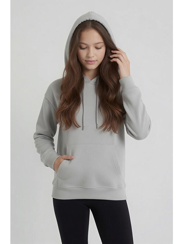 Cansın Mini Gri Kız Çocuk Kanguru Cepli Şardonlu Kapüşonlu Sweatshirt 24692