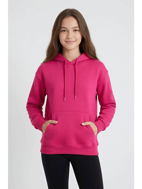Cansın Mini Fuşya Kız Çocuk Kanguru Cepli Şardonlu Kapüşonlu Sweatshirt 24691