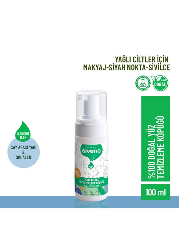 Siveno %100 Doğal Yüz Temizleme Köpüğü Yağlı Ciltler İçin Makyaj Siyah Nokta Sivilce Vegan 100 ml