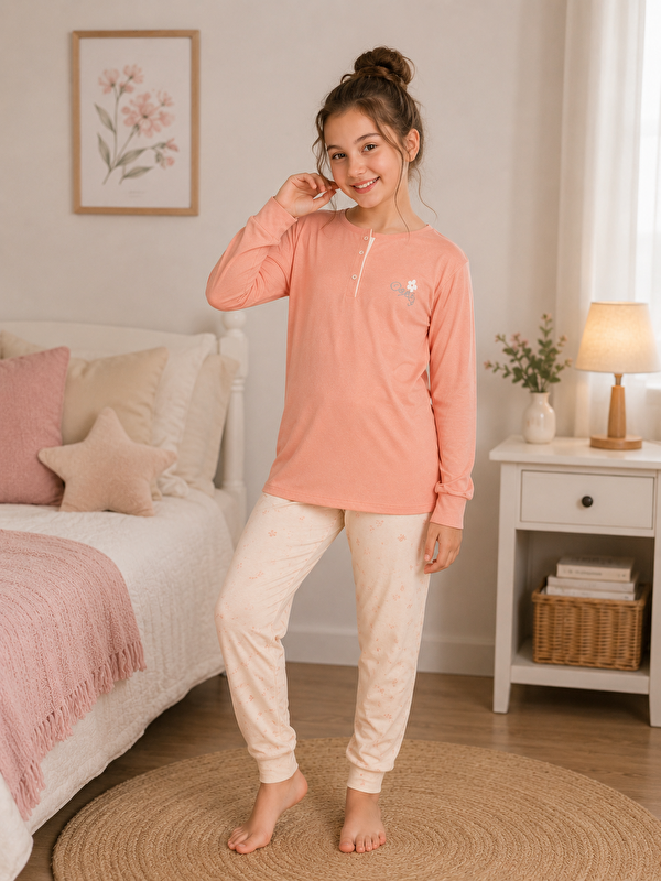 Formo Kız Çocuk %100 Doğal Pamuk Manşet Paça Uzun Kollu Pijama Takımı