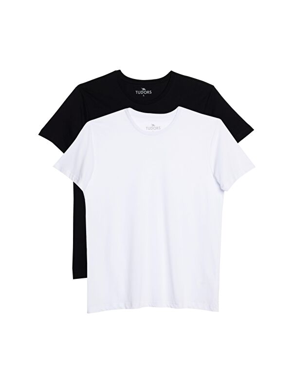 TUDORS Unisex 2'Li Paket Siyah-Beyaz Slim Fit Dar Kesim %100 Pamuk Bisiklet Yaka Tişört