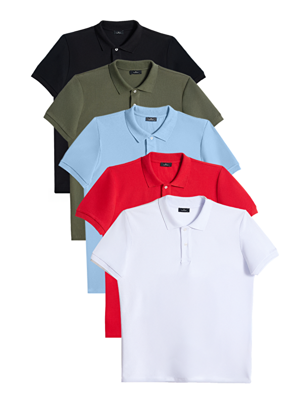 TUDORS Erkek 5'Li Paket Siyah-Haki-Koyu Mavi-Kırmızı-Beyaz Slim Fit Pamuklu Düz Pike Polo Yaka Tişört