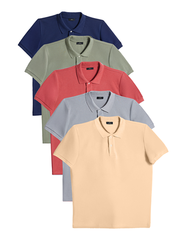 TUDORS Erkek 5'Li Paket Lacivert-Haki-Kiremit-Gri-Bej Slim Fit Dar Kesim Pamuklu Düz Pike Polo Yaka Tişört