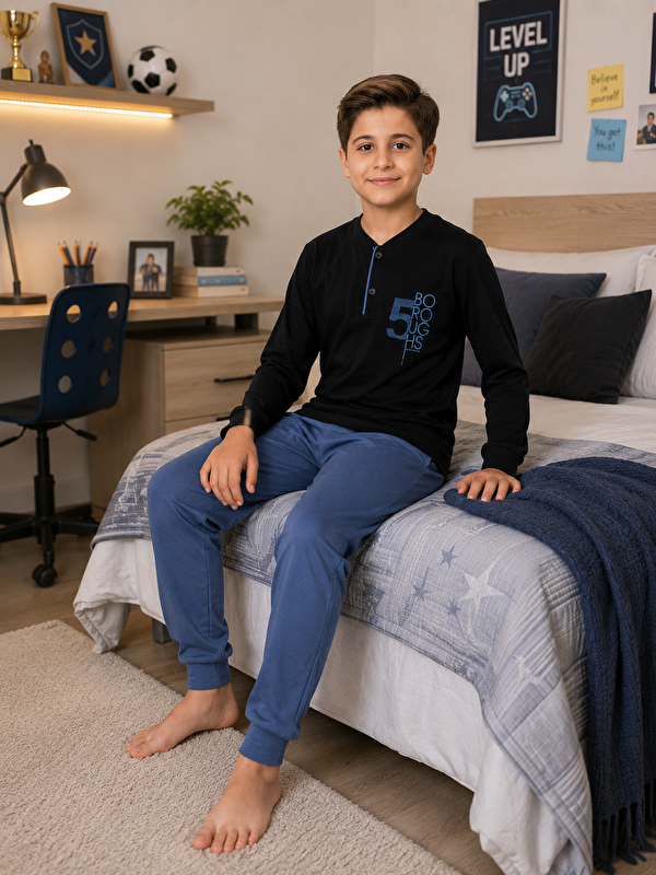 Formo Erkek Çocuk %100 Doğal Pamuk Manşet Paça Uzun Kollu Pijama Takımı