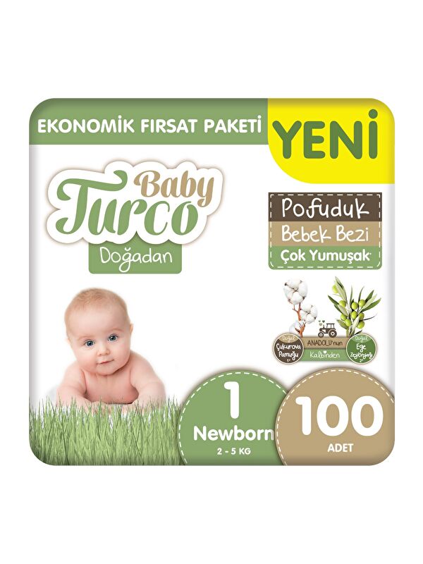 Baby Turco Doğadan Ekonomik Fırsat Paketi Pofuduk Bebek Bezi 1 Numara Newborn 100 Adet