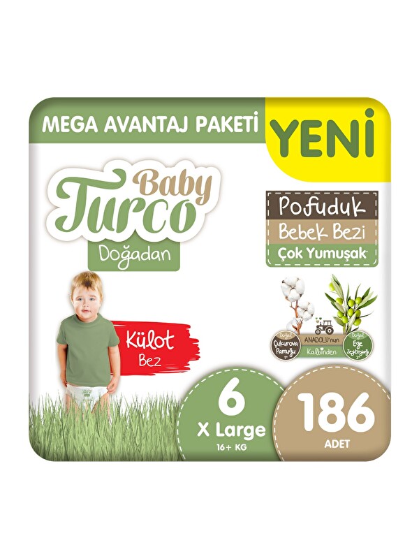 Baby Turco Doğadan Mega Avantaj Paketi Pofuduk Külot Bez 6 Numara Xlarge 186 Adet