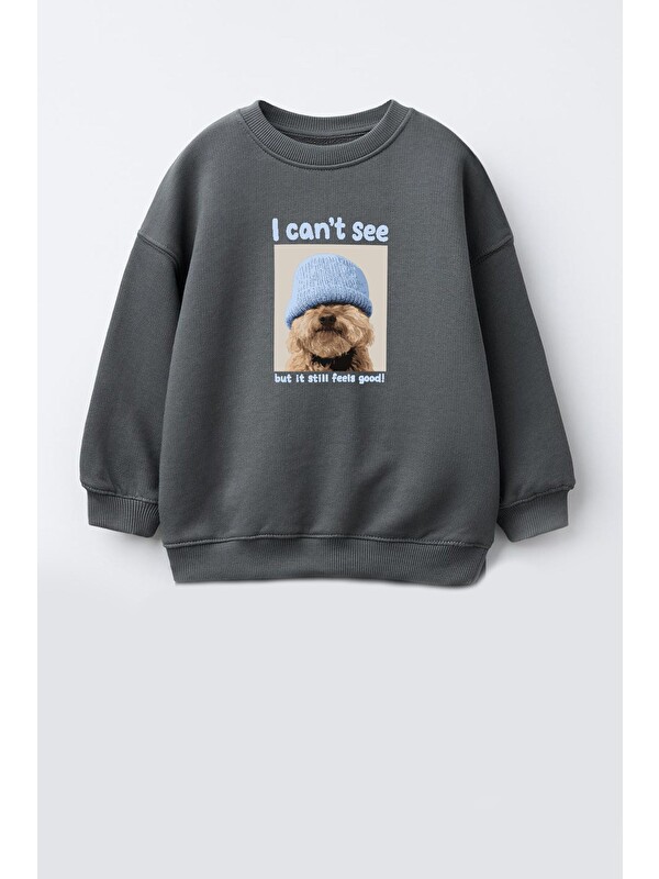 Monila Unisex Çocuk 3 İplik Kumaş Köpek Baskılı Pamuklu Sweatshirt