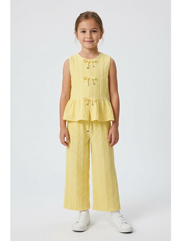 Cansın Mini Sarı Sıfır Kol Fiyonklu Bluz Geniş Paça Pantolonlu Kız Çocuk 2li Takım 24714