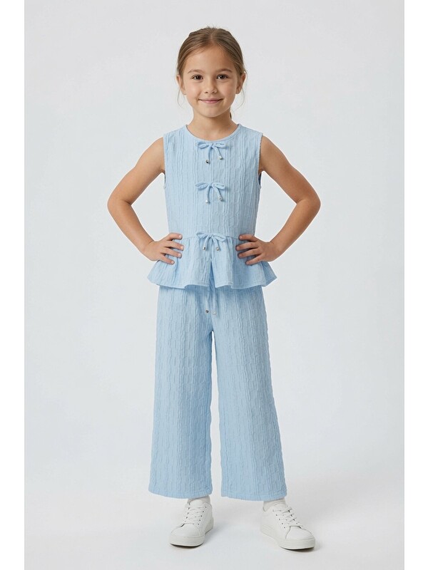 Cansın Mini Mavi Sıfır Kol Fiyonklu Bluz Geniş Paça Pantolonlu Kız Çocuk 2li Takım 24713