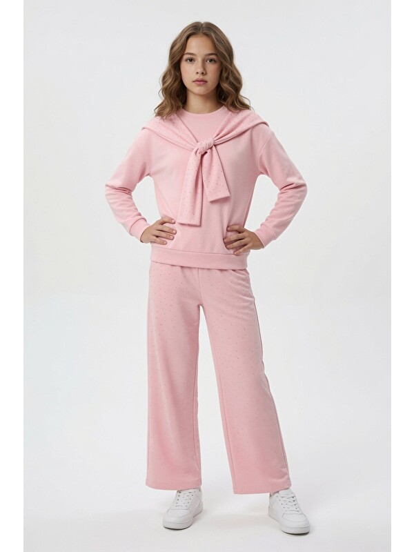 Cansın Mini Pembe Taşlı Fular Detaylı Badili Geniş Paça Pantolonlu Kız Çocuk Takım 24704