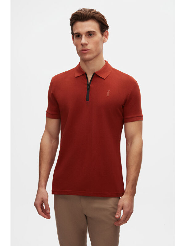 D'S damat Twn Slim Fit Kiremit Pike Dokulu Yarım Fermuarlı Polo Yaka Yazlık Tişört