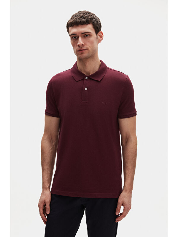 D'S damat Regular Fit Mürdüm %100 Pamuklu Kıvrılmaz Polo Yaka Nakışlı Tişört
