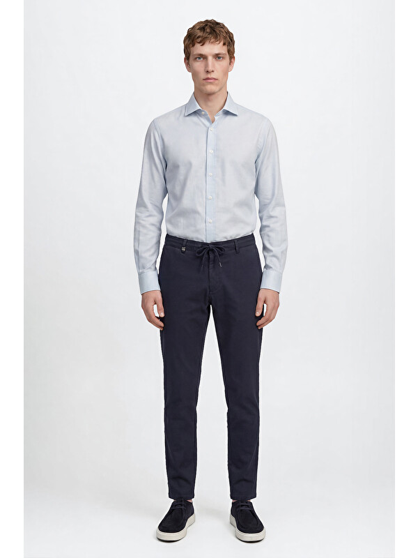 Altınyıldız Classics Erkek Lacivert Pamuklu Slim Fit Dar Kesim Yan Cepli Armürlü Esnek Casual Pantolon