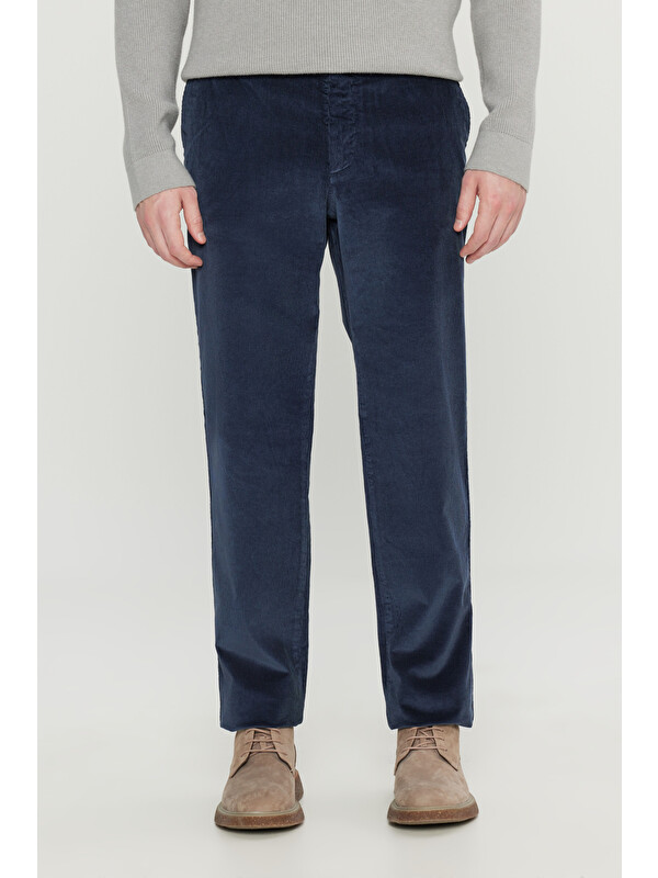 Altınyıldız Classics Erkek Lacivert Pamuklu Kadife Slim Fit Dar Kesim Yan Cepli Desenli Pantolon