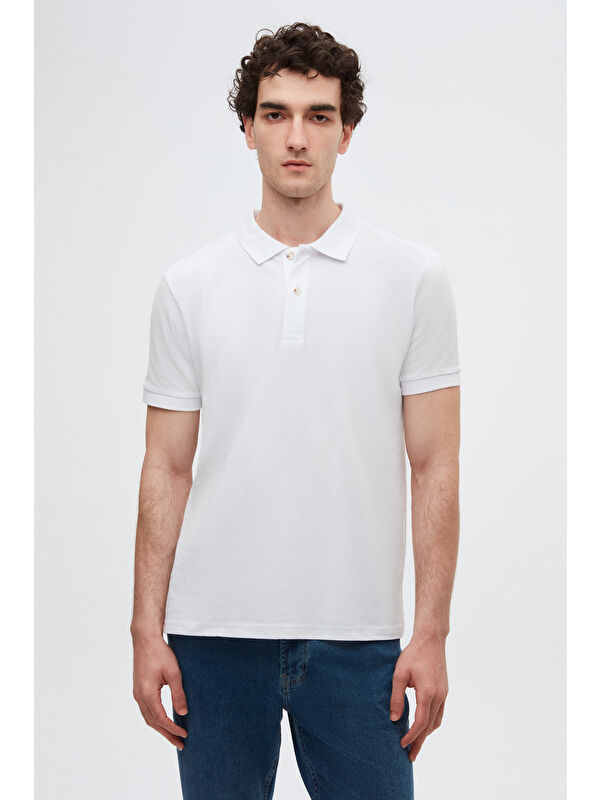 D'S damat Regular Fit Beyaz %100 Pamuklu Kıvrılmaz Polo Yaka Nakışlı Tişört