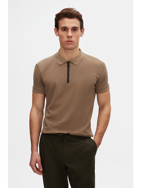 D'S damat Twn Slim Fit Vizon Pike Dokulu Yarım Fermuarlı Polo Yaka Yazlık Tişört
