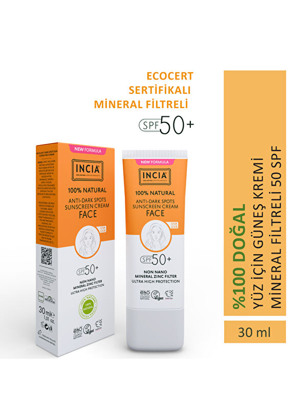 INCIA %100 Doğal Yüz Güneş Kremi Leke Karşıtı Aydınlatıcı Mineral Filtre UVA1 UVA2 UVB SPF 50+ 30 ml