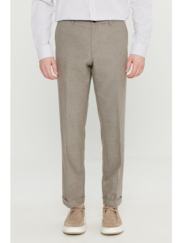 Altınyıldız Classics Erkek Vizon Yünlü Slim Fit Dar Kesim Yan Cepli Beli Gizli Lastikli Esnek Klasik Pantolon