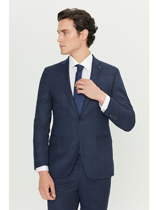 Altınyıldız Classics Erkek Lacivert Slim Fit Dar Kesim Mono Yaka Kareli Kapak Cepli Takım Elbise