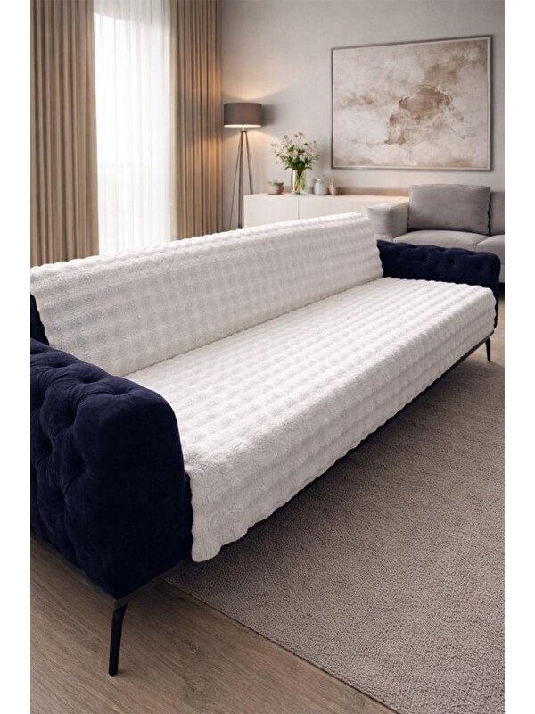 Çeyiz Diyarı Bubble Tavşan Tüyü Kaymaz Tabanlı Koltuk Örtüsü 170x215 Cm Krem