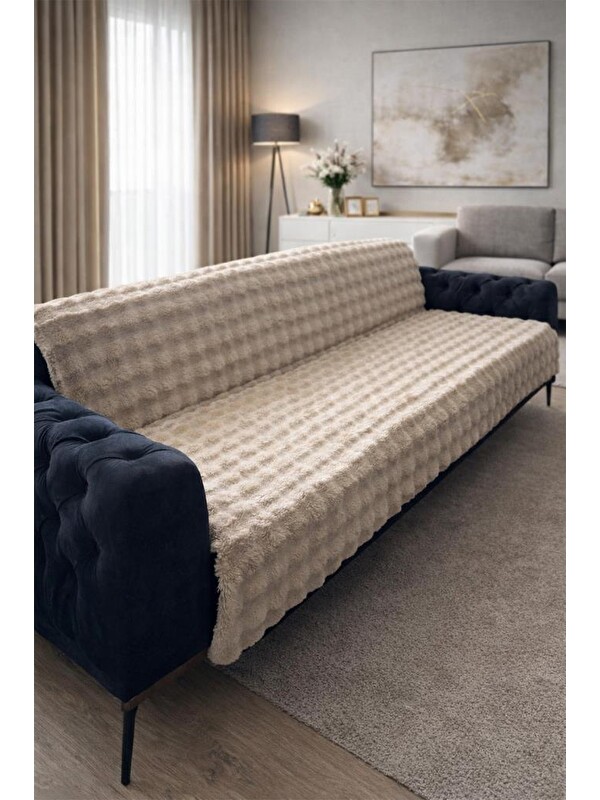 Çeyiz Diyarı Bubble Tavşan Tüyü Kaymaz Tabanlı Koltuk Örtüsü 170x215 Cm Bej
